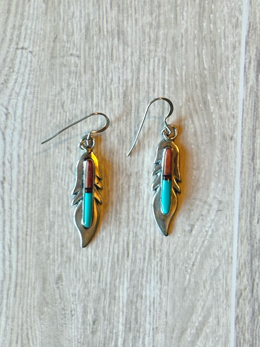 Silver Feather Drop Native Earrings with Turquoise and Coral Inlay